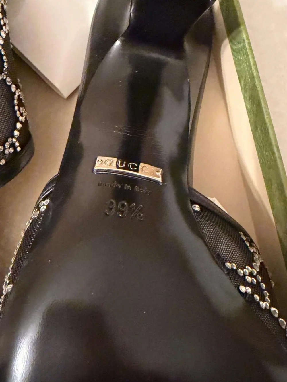 Gucci Black Crystal-Embellished GG Mesh Slide Sandals
